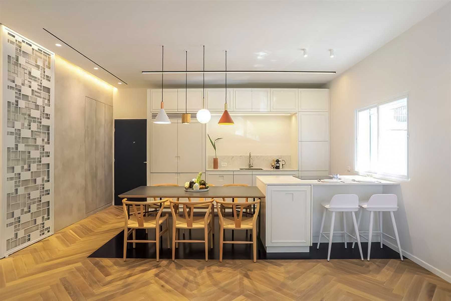 Contemporary Living Room with Ceiling Light and Bar Counter