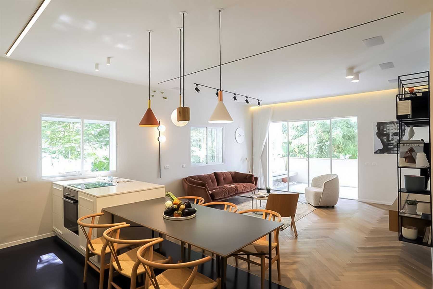 Contemporary Living Room with Granite Floor and Bar Counter