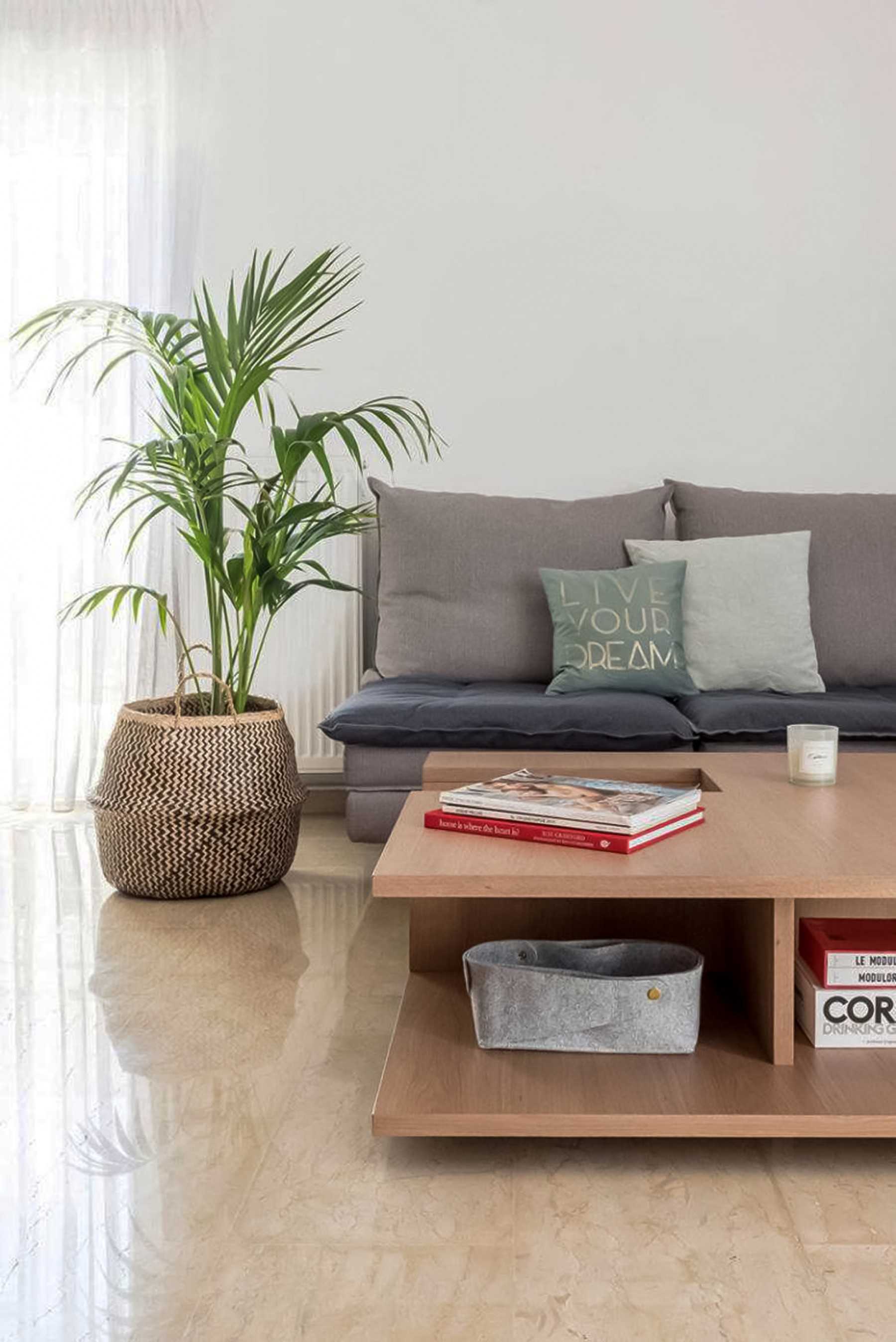 Contemporary Living Room with Granite Floor and Drop Ceiling