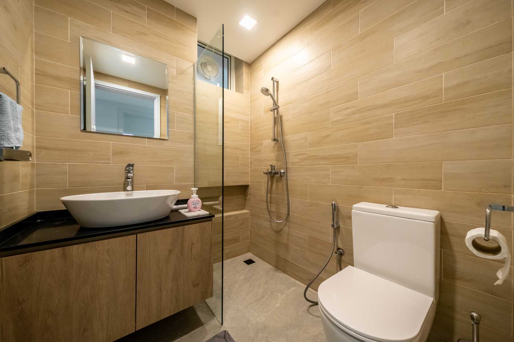 Contemporary Bathroom with Herringbone Tiling and Rainshower