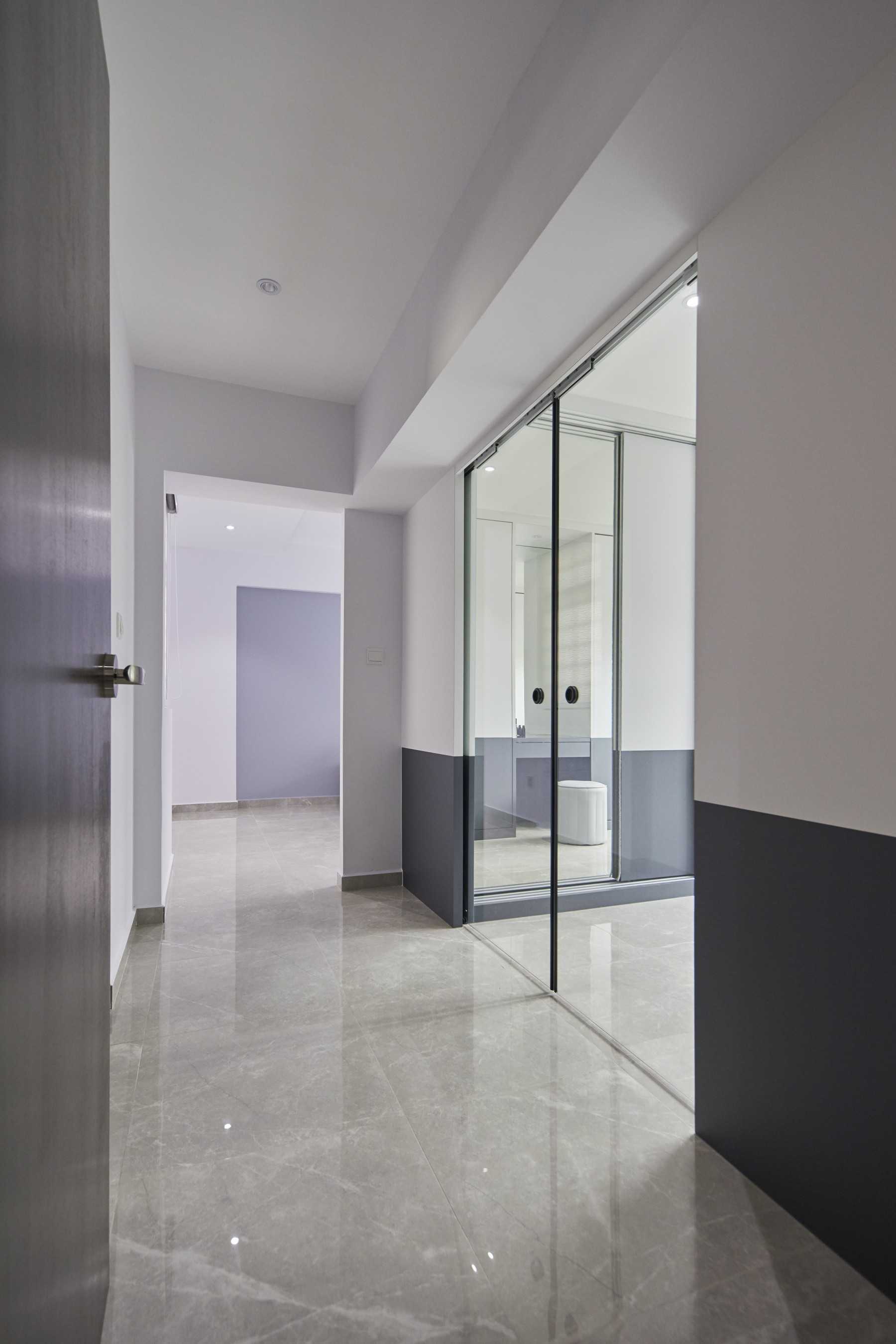 Contemporary Bedroom with Homogeneous Tiles and Glass Door