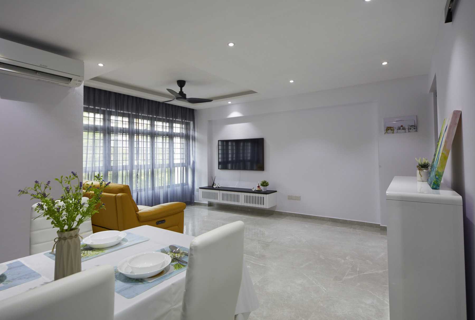 Contemporary Living Room with Homogeneous Tiles and TV Console
