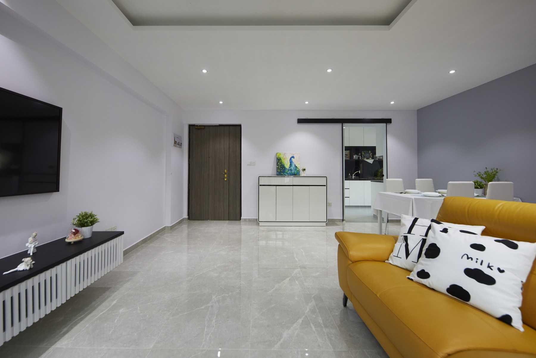 Contemporary Living Room with Homogeneous Tiles and TV Console