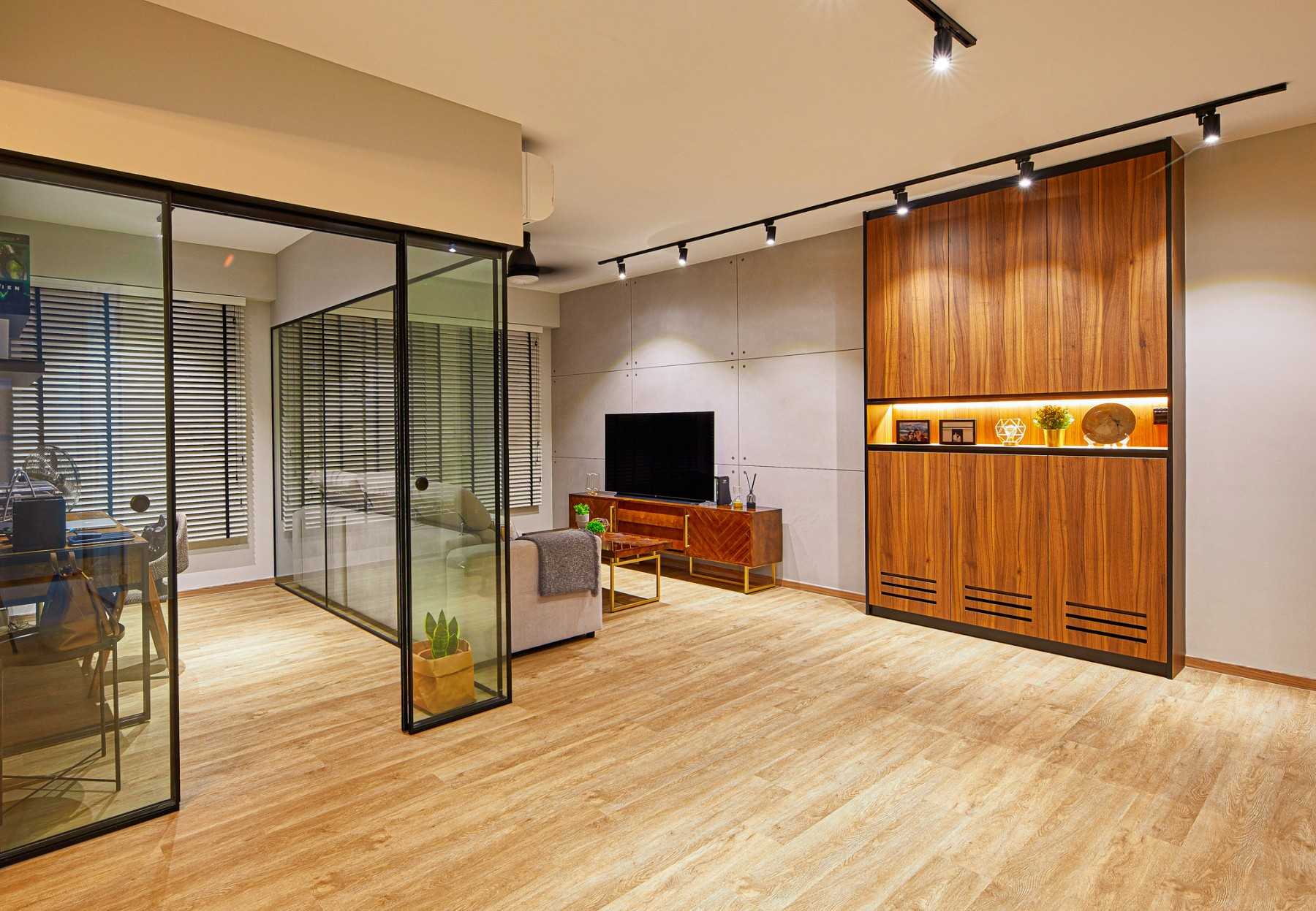 Eclectic Living Room with Vinyl Flooring and TV Console