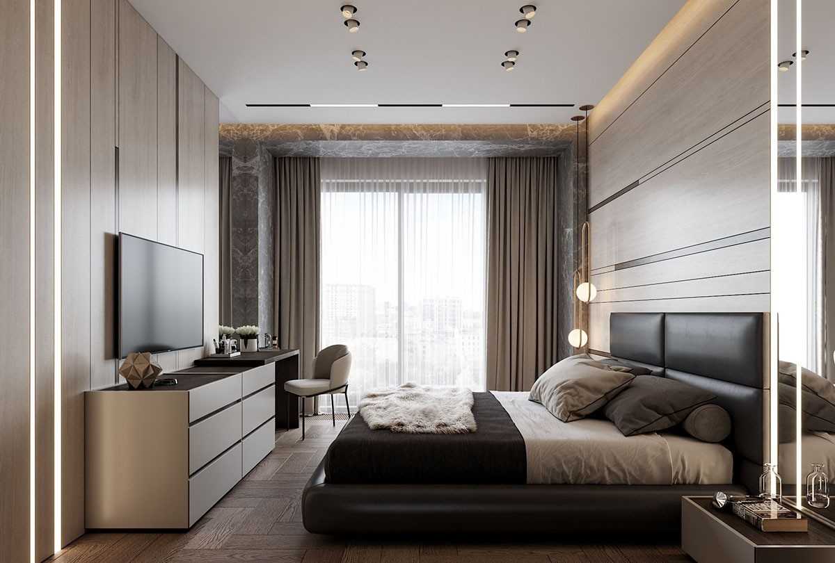 Contemporary Bedroom with Parquet Floor and Drop Ceiling