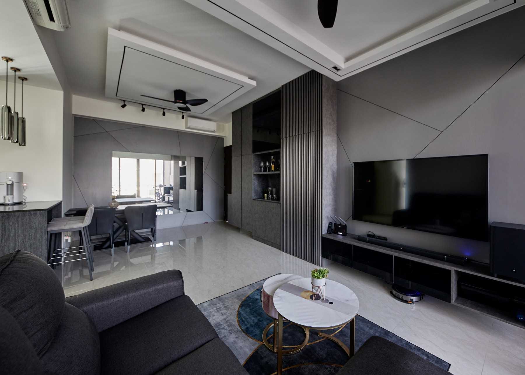 Modern Living Room with Homogeneous Tiles and TV Console