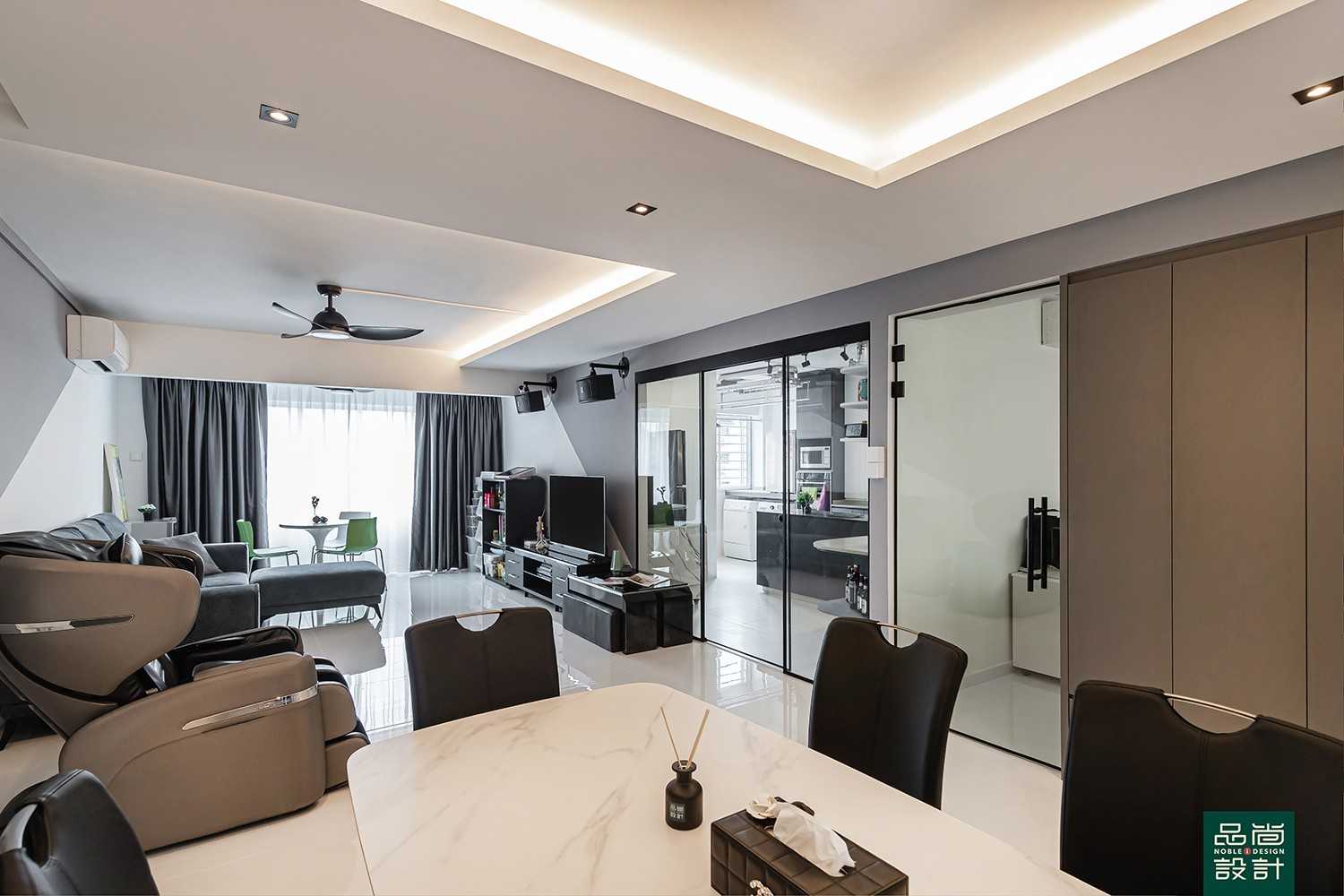 Modern Living Room with Homogeneous Tiles and Cove Lighting