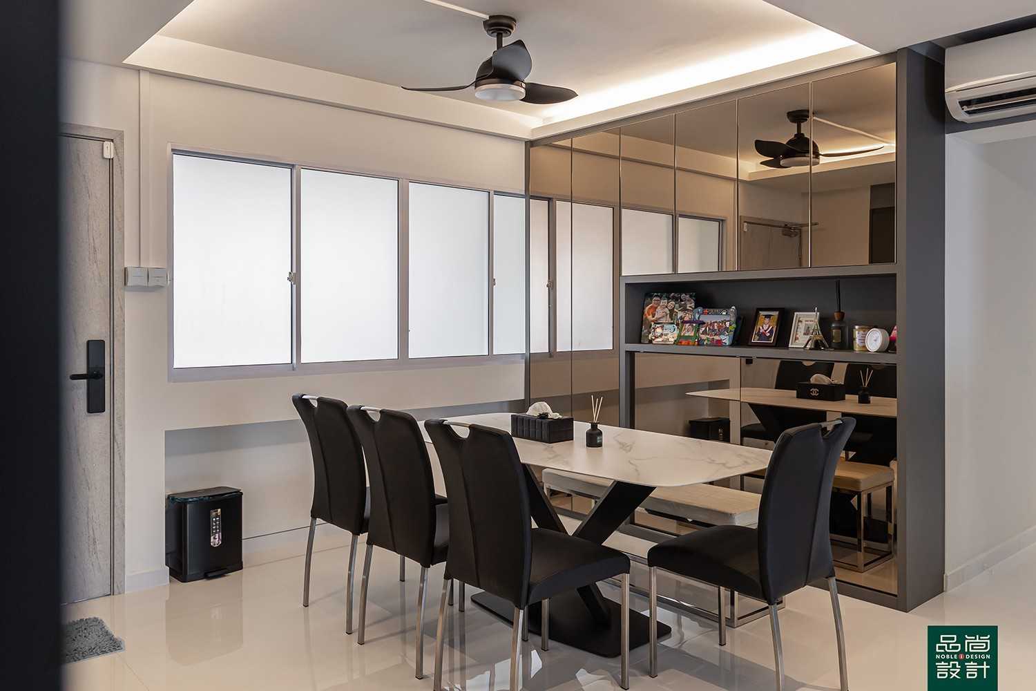Modern Dining Room with Homogeneous Tiles and Mirror