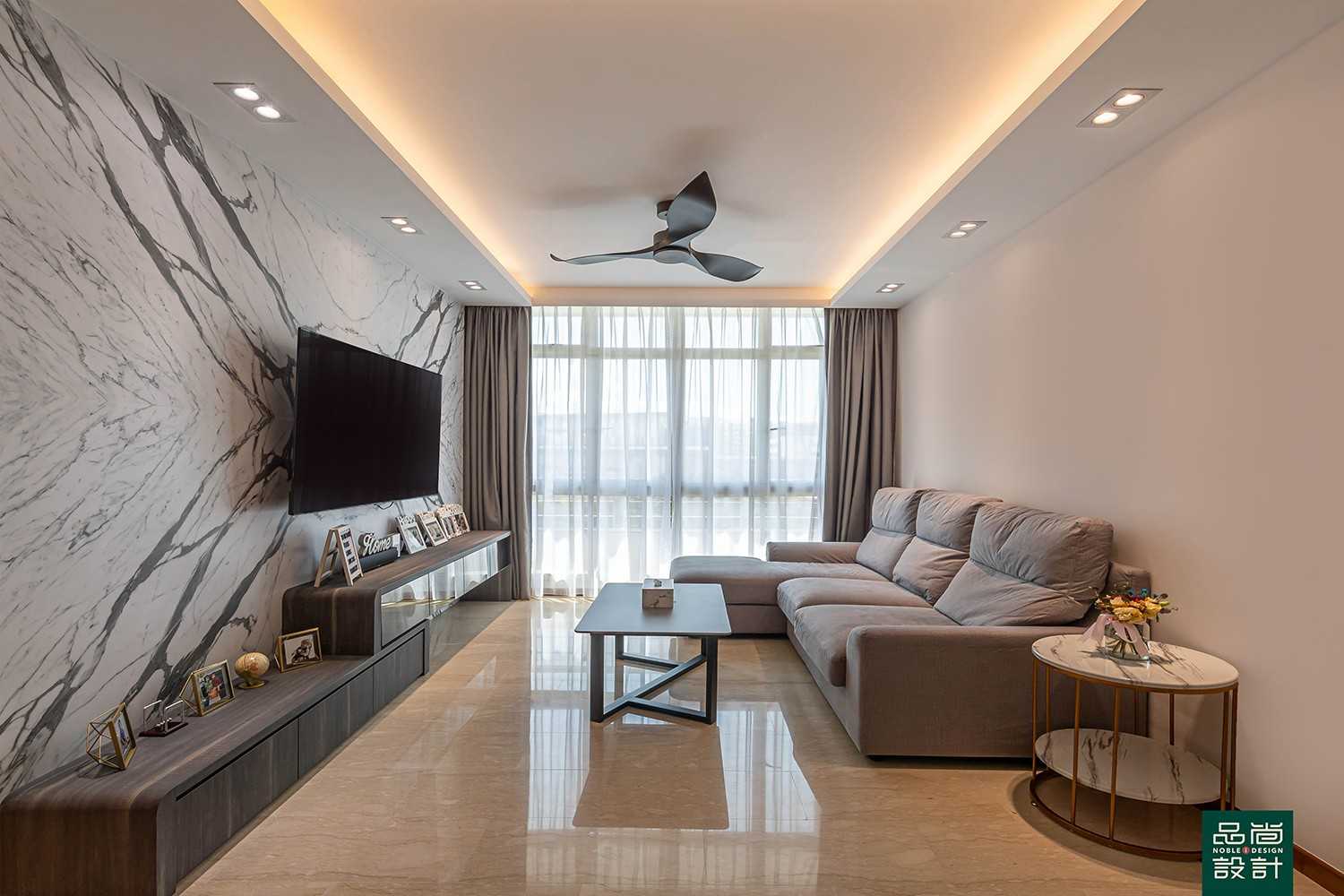 Scandinavian Living Room with Marble Floor and TV Console
