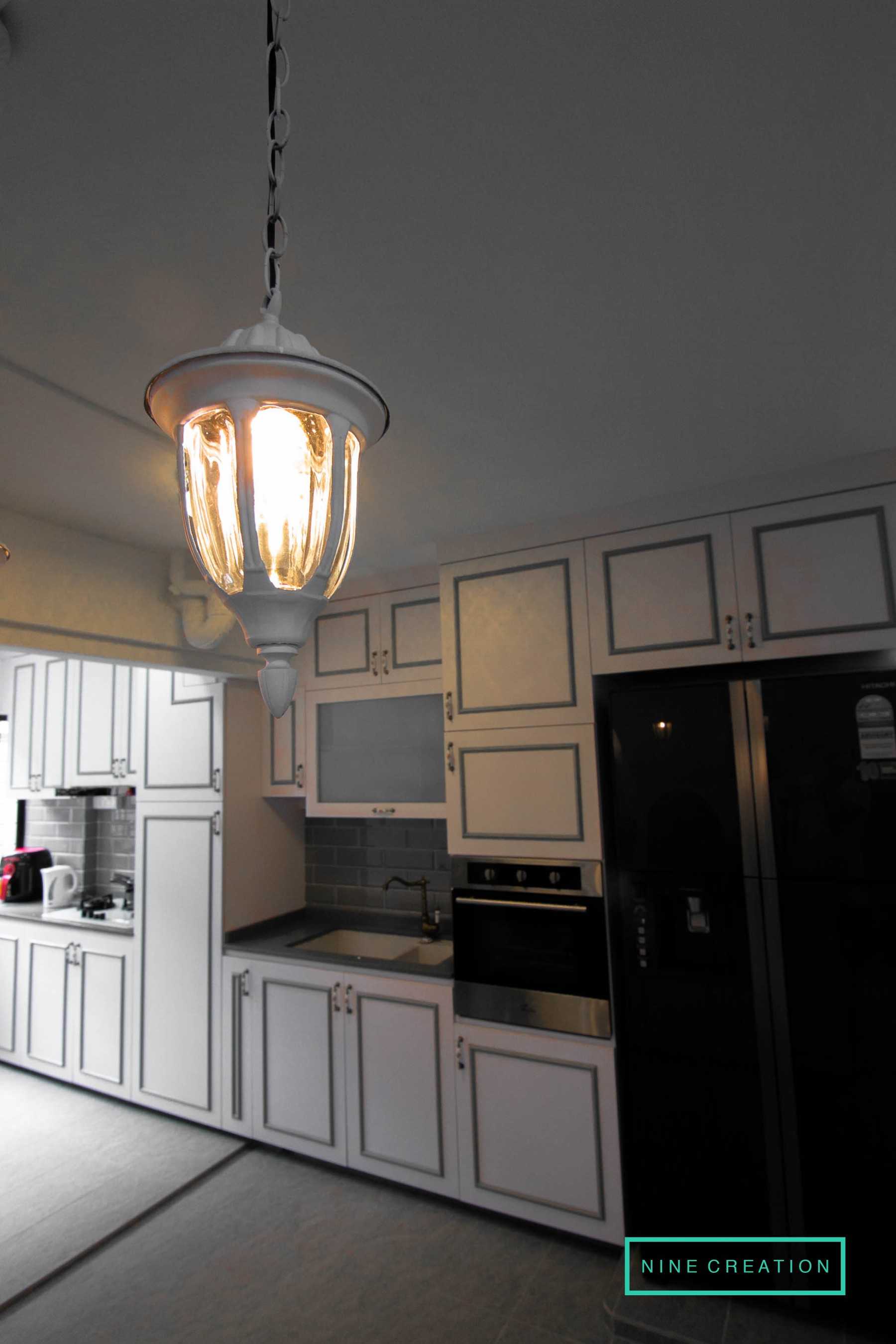 Vintage Dining Room with Kitchen Cabinets and Lighting