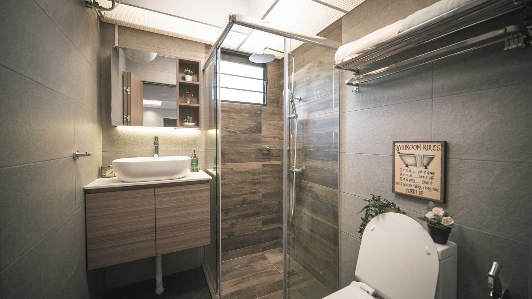 Scandinavian Bathroom with Countertop and Herringbone Tiling