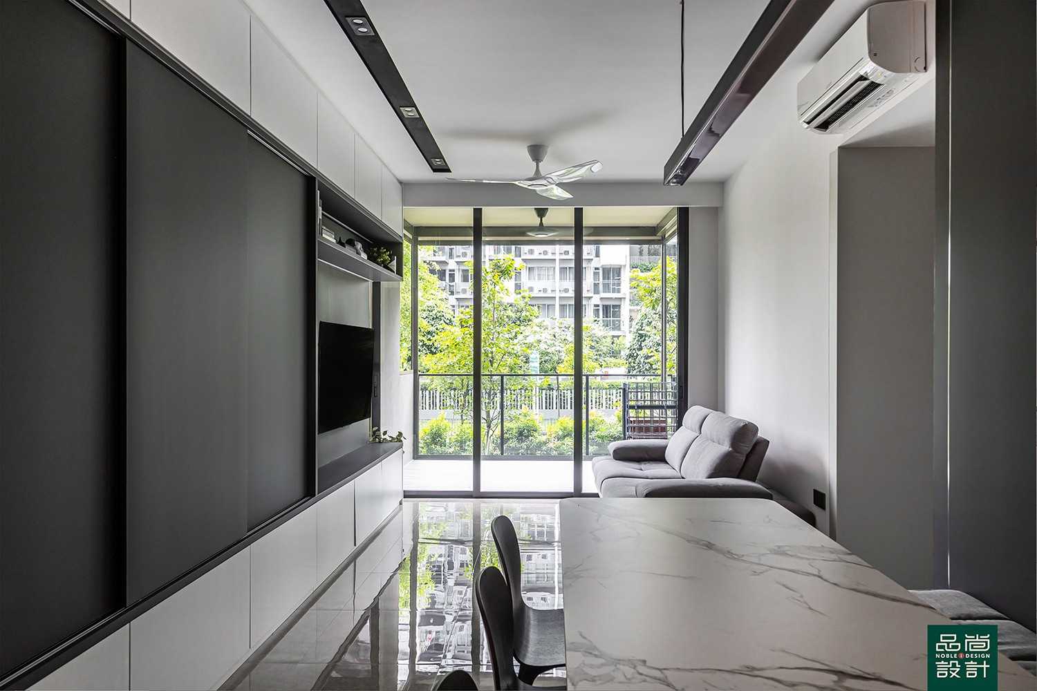 Modern Living Room with Feature Wall and Dining Table