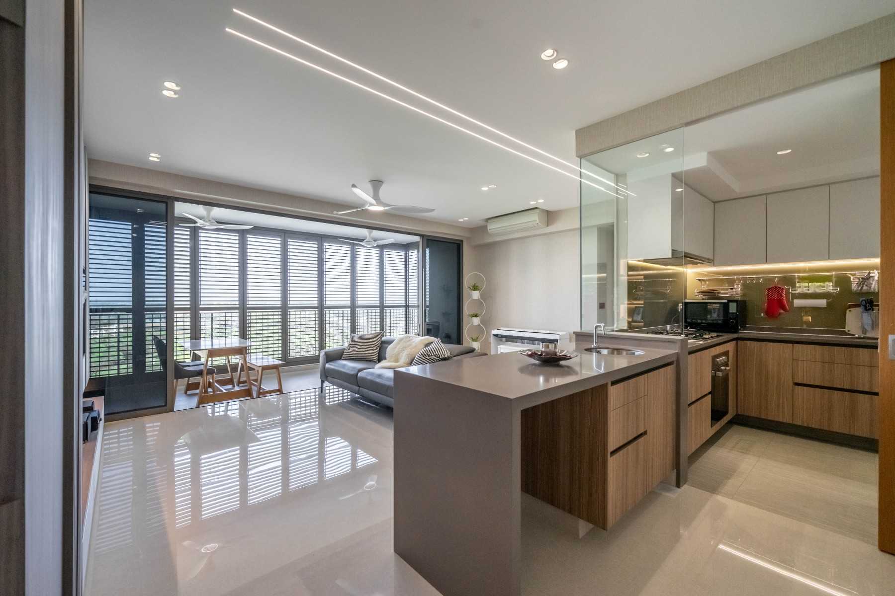 Modern Living Room with Homogeneous Tiles and TV Console