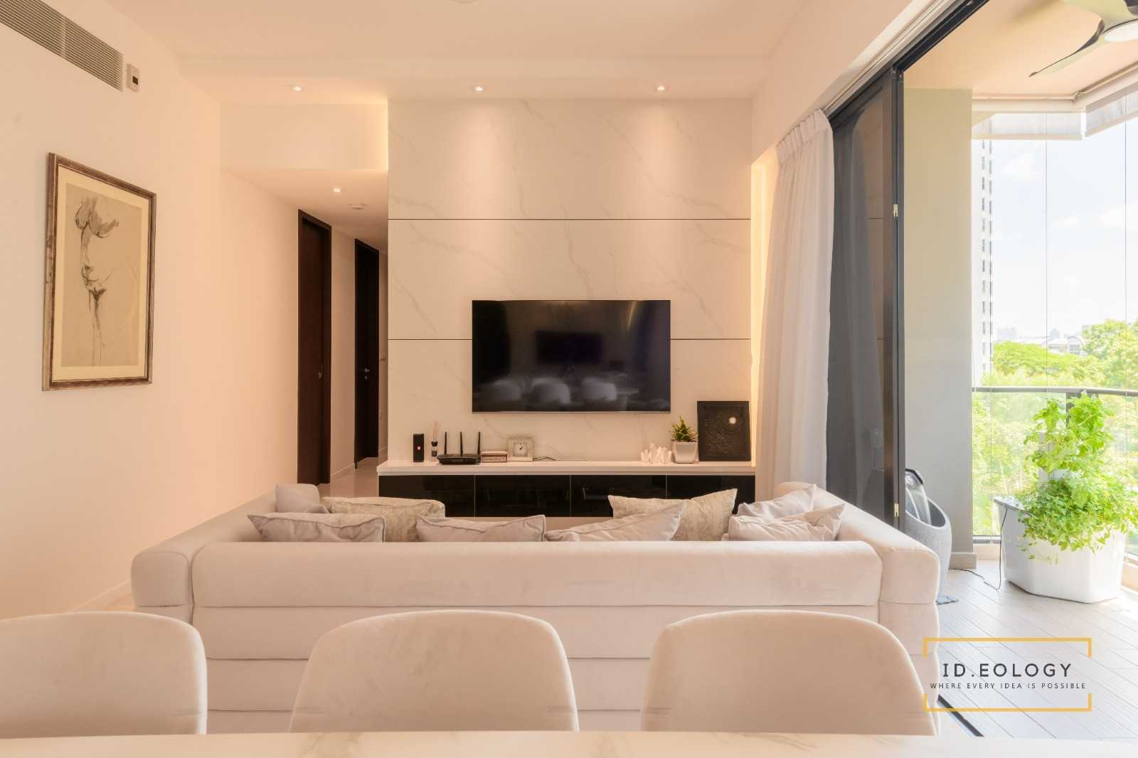 Contemporary Living Room with TV Console and Drop Light