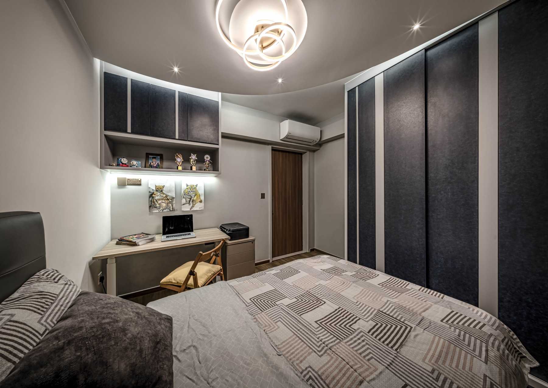 Contemporary Bedroom with Bookshelf and Queen Bed