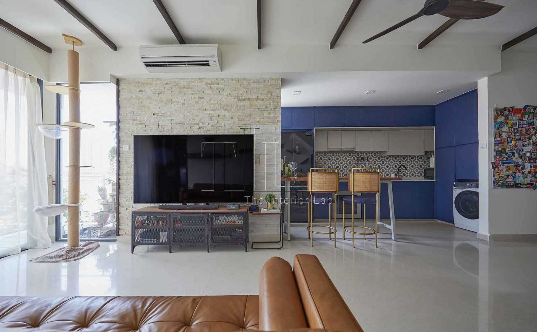 Contemporary Living Room with Kitchen Island and Ceiling Fan