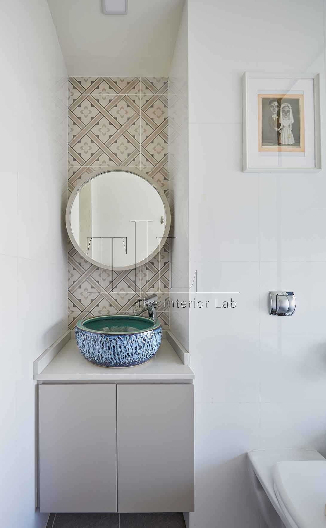 Contemporary Bathroom with Mirror and Paintings