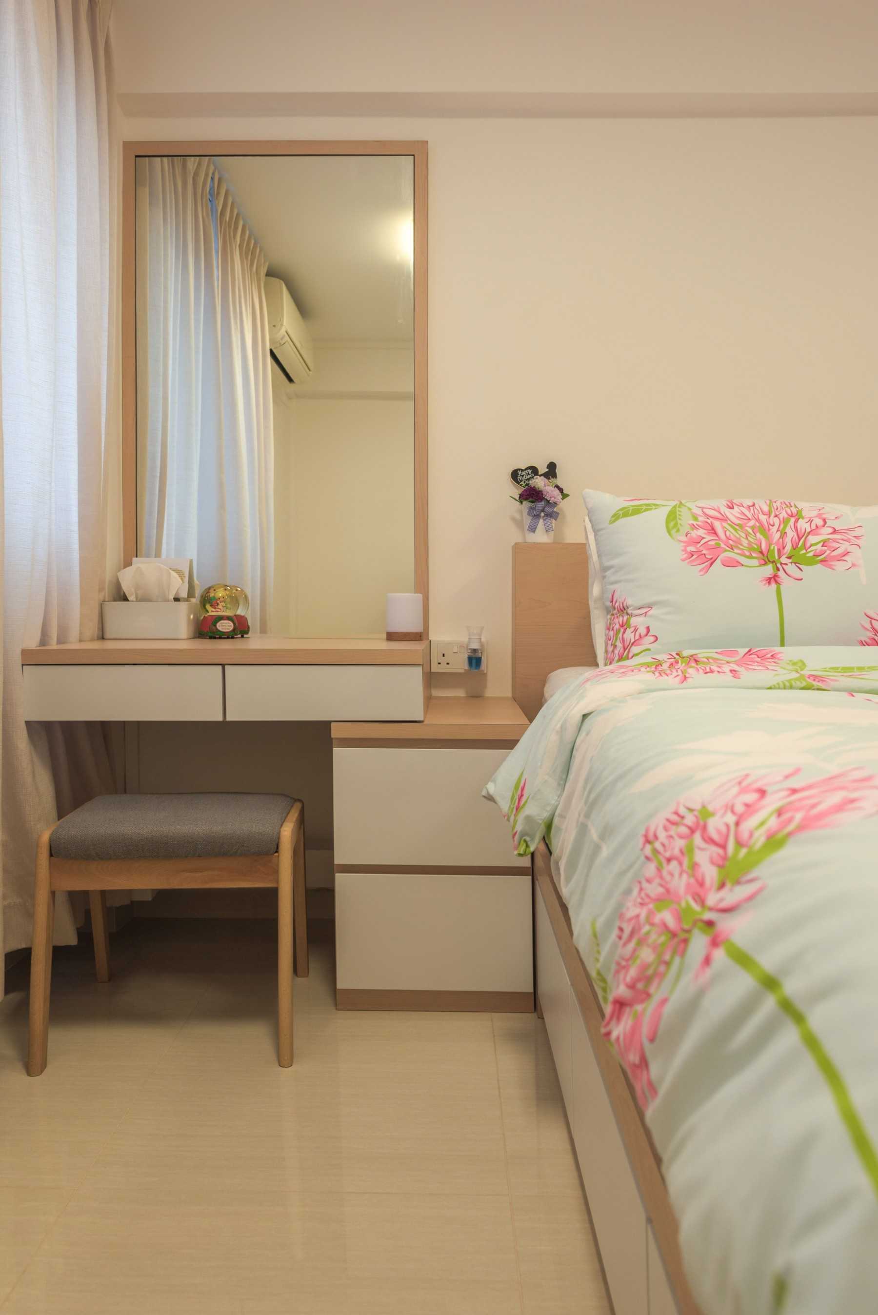 Scandinavian Bedroom with Homogeneous Tiles and Built-in Bed