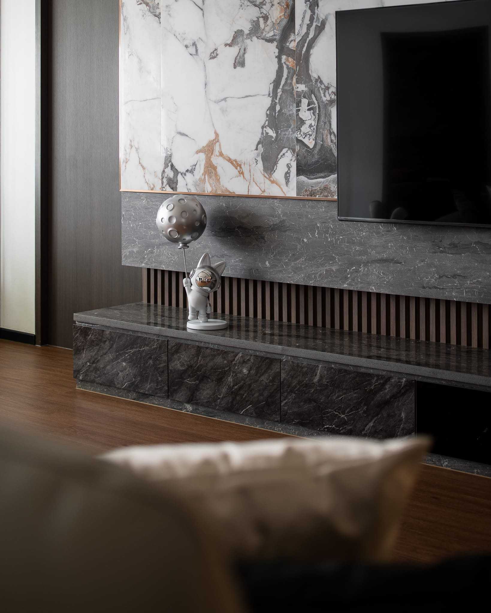 Contemporary Living Room with Bookshelf and Vinyl Flooring
