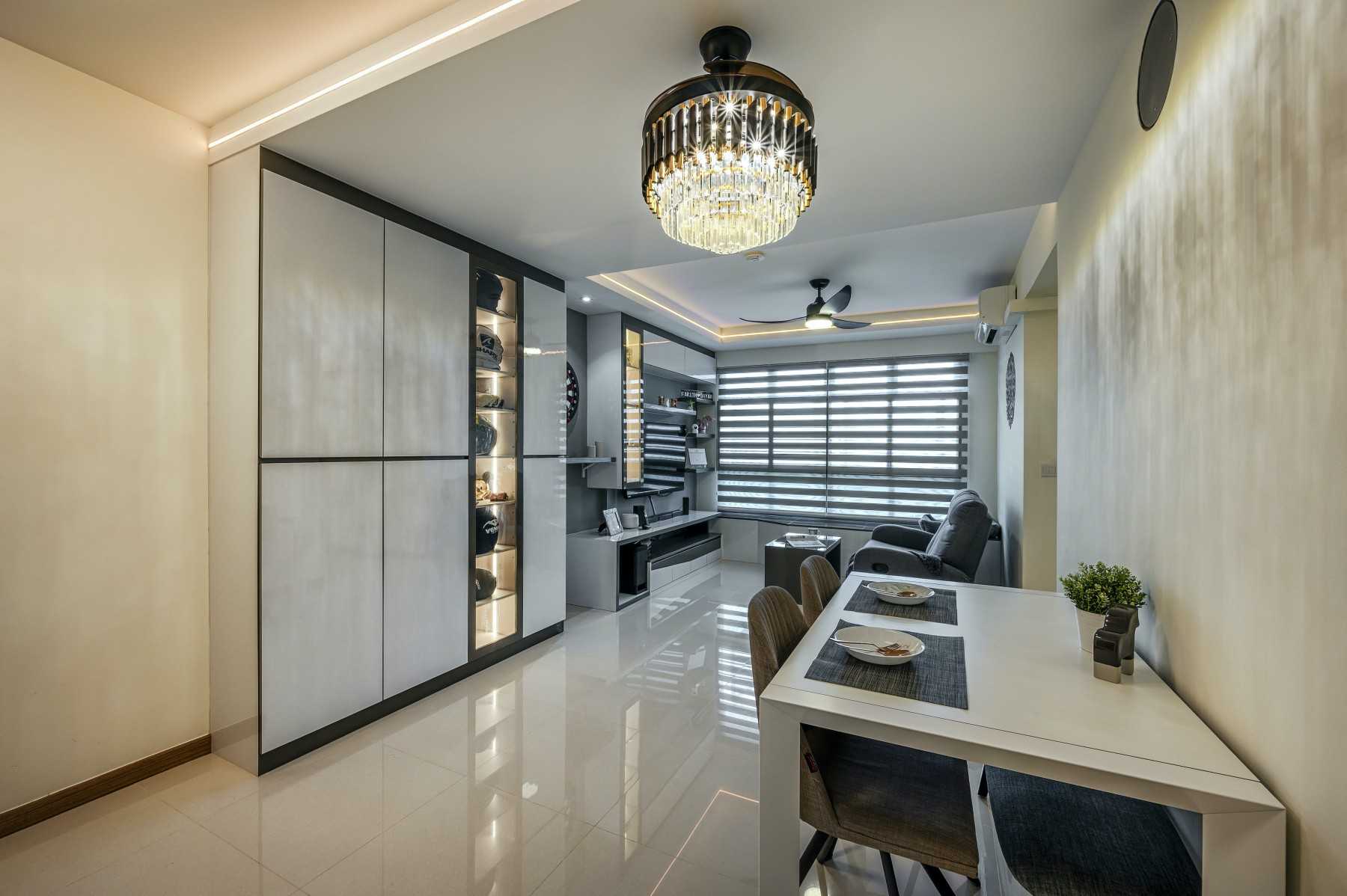 Contemporary Living Room with Homogeneous Tiles and TV Console