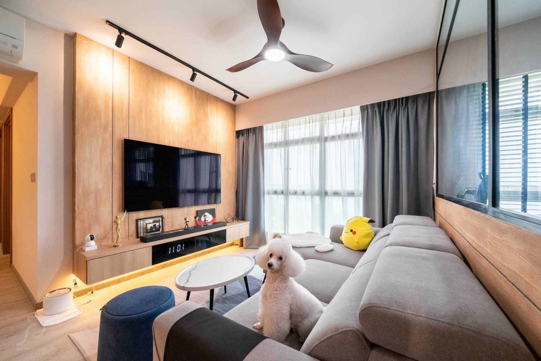 Scandinavian Living Room with TV Console and Feature Wall