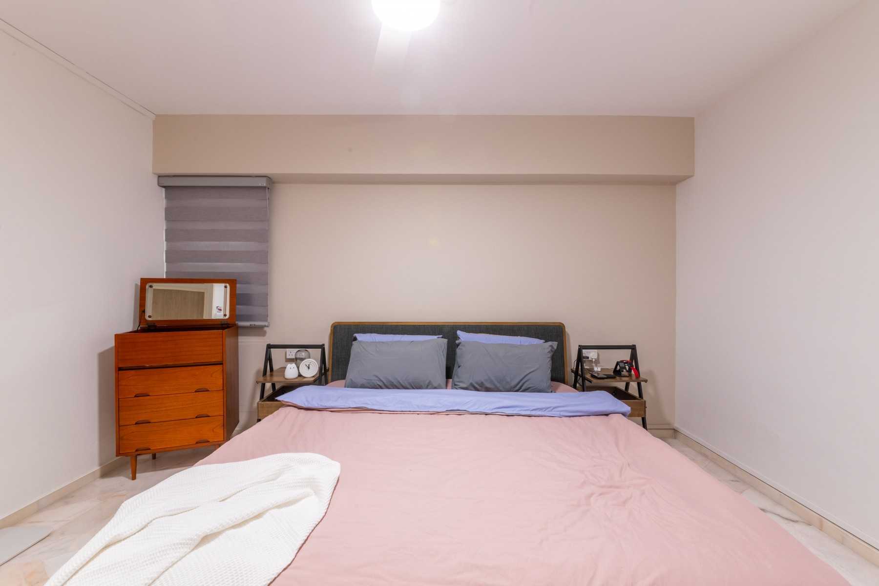 Modern Bedroom with Marble Floor and Bedside Table