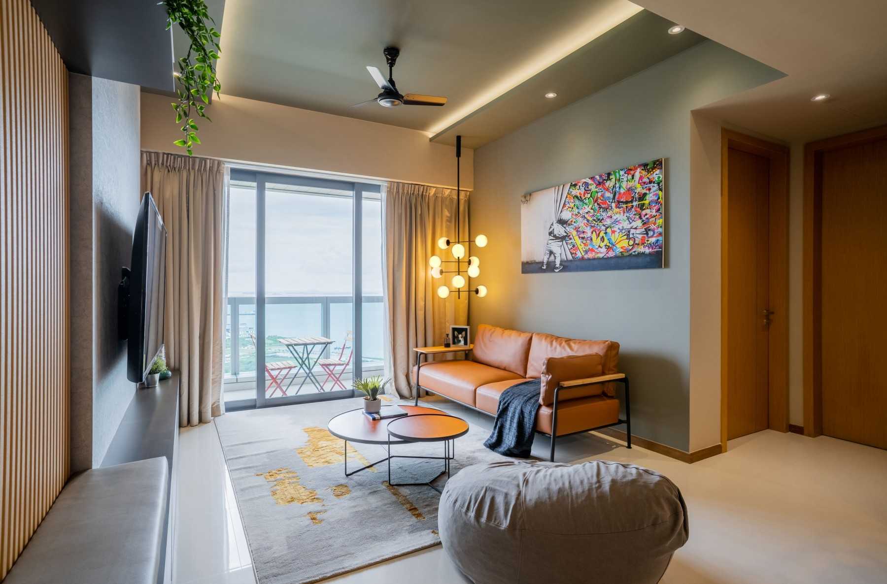 Modern Living Room with Drop Light and Bay Window