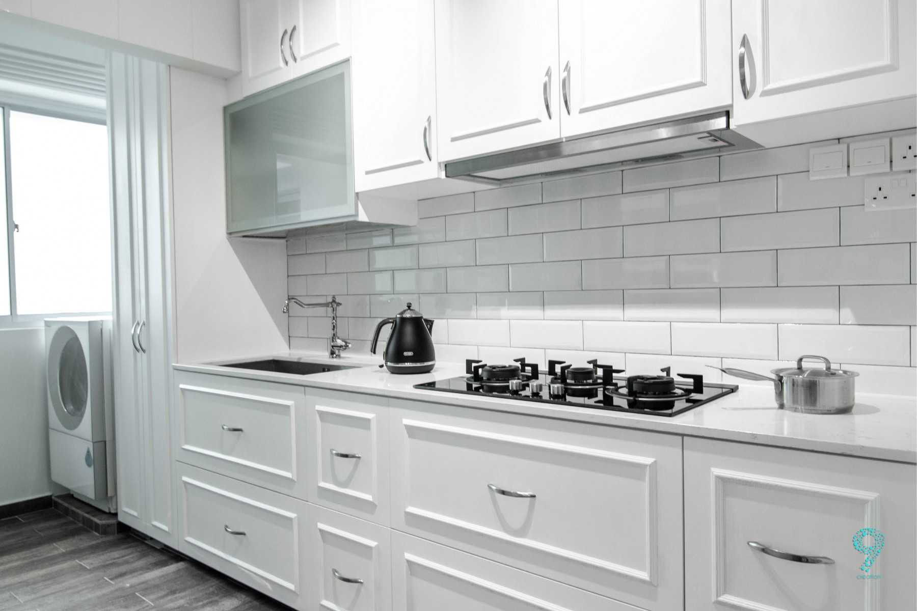 Scandinavian Kitchen with Countertop and Kitchen Backsplash