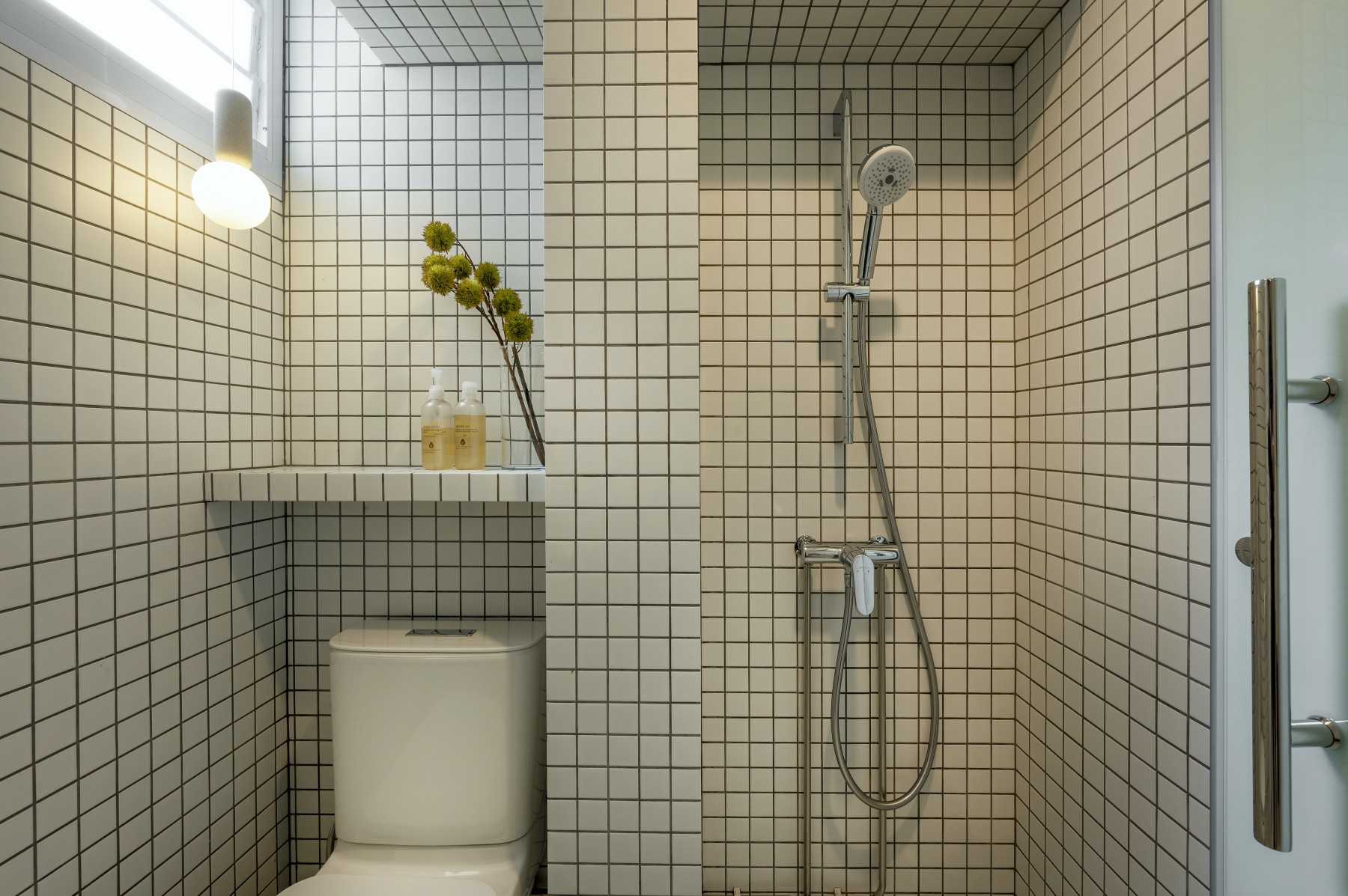 Eclectic Bathroom with Mosaic and Wall Shelves