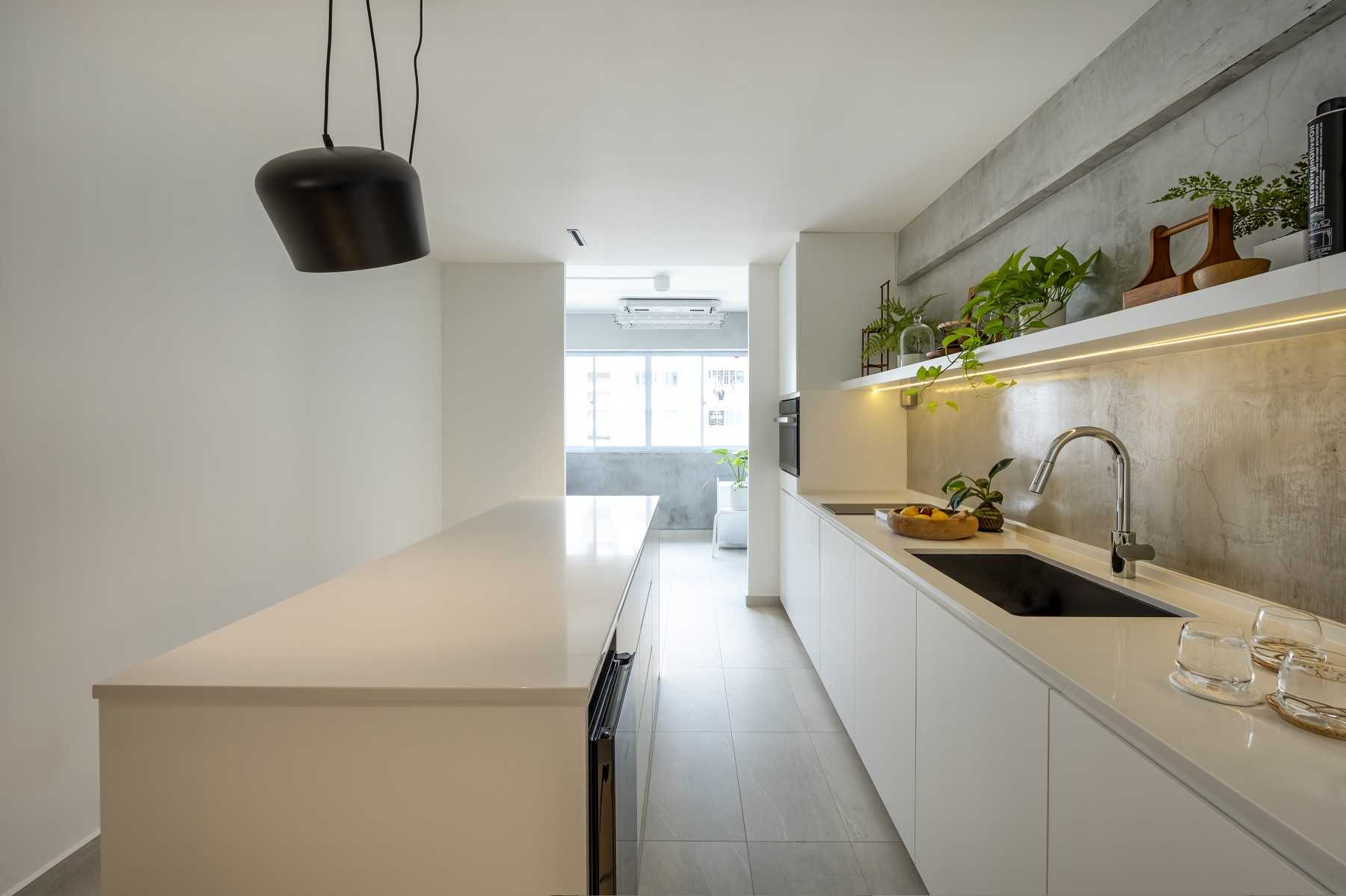Eclectic Kitchen with Countertop and Herringbone Tiling