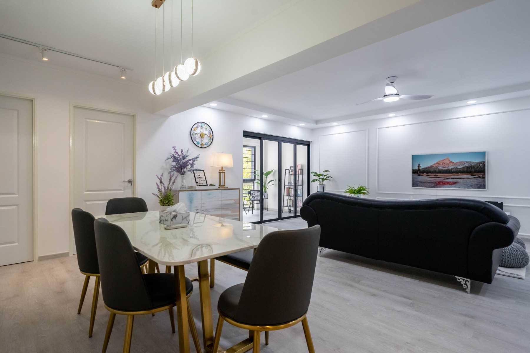 Minimalist Dining Room with Drop Light and Downlights