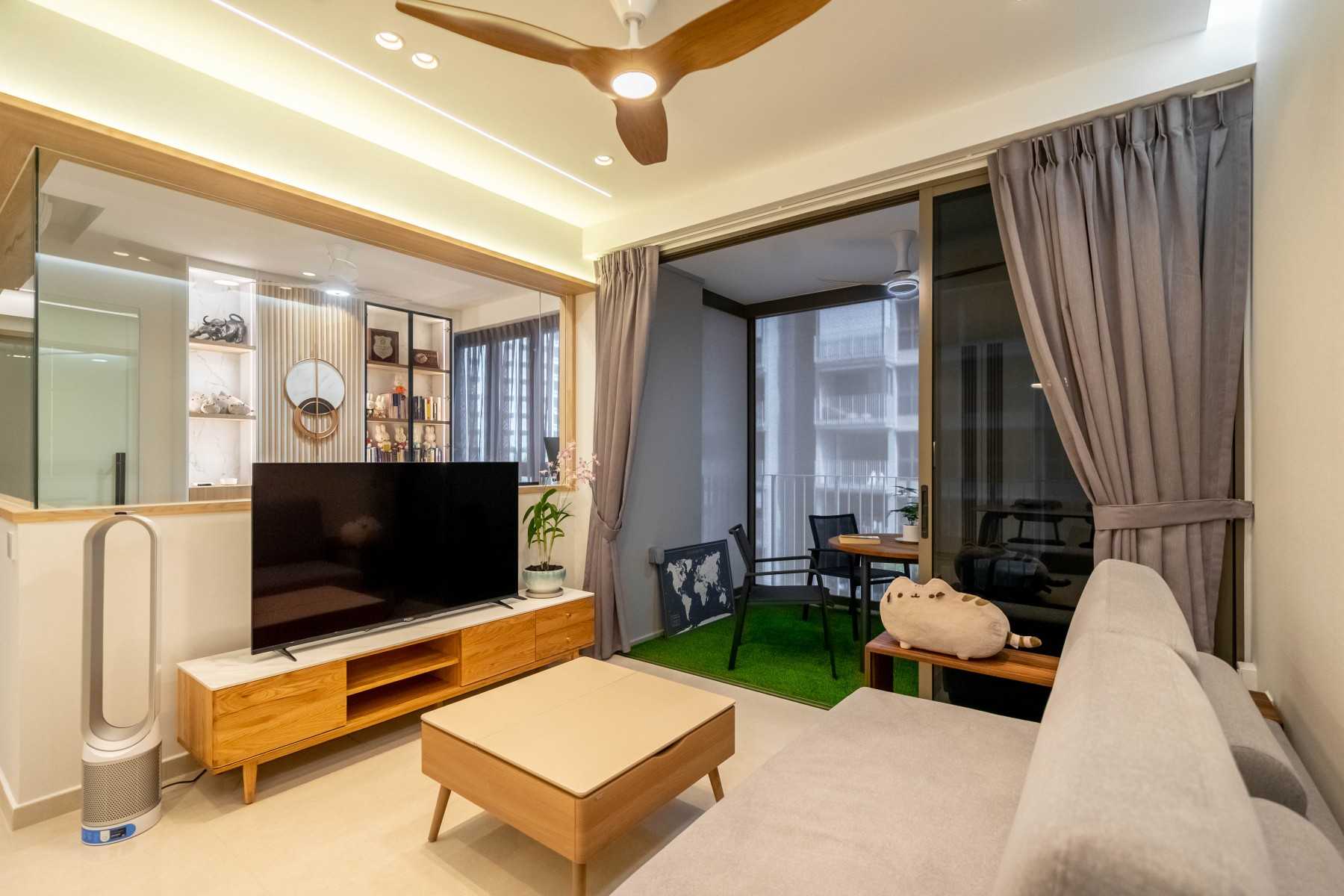 Scandinavian Living Room with TV Console and Feature Wall