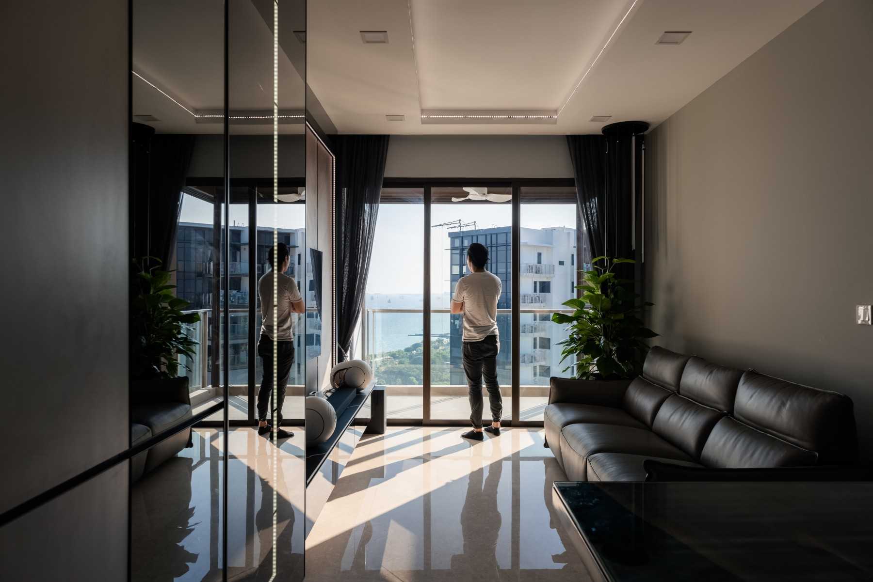 Contemporary Living Room with Marble Floor and Ceiling Light