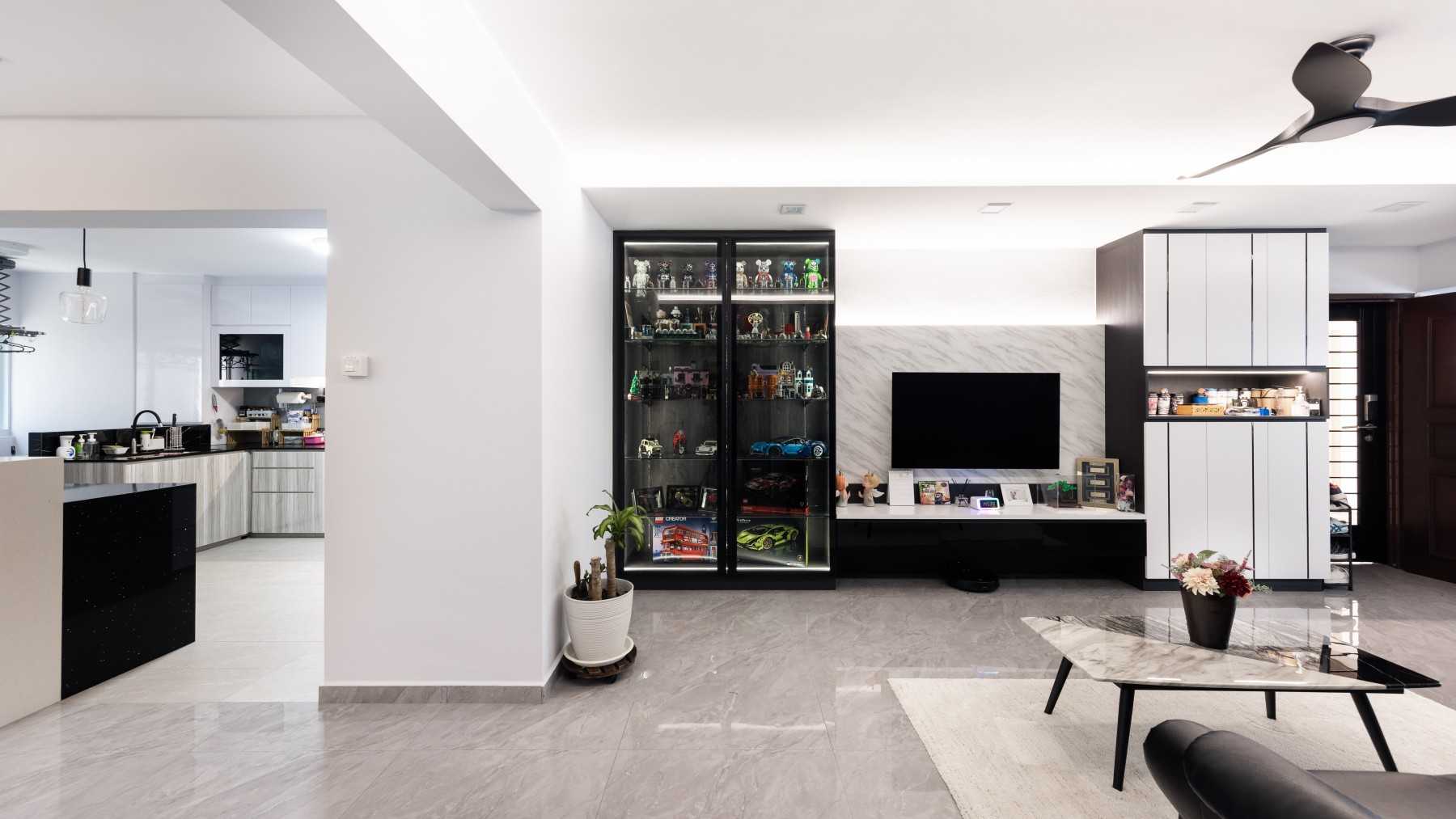 Contemporary Living Room with Marble Floor and Feature Wall