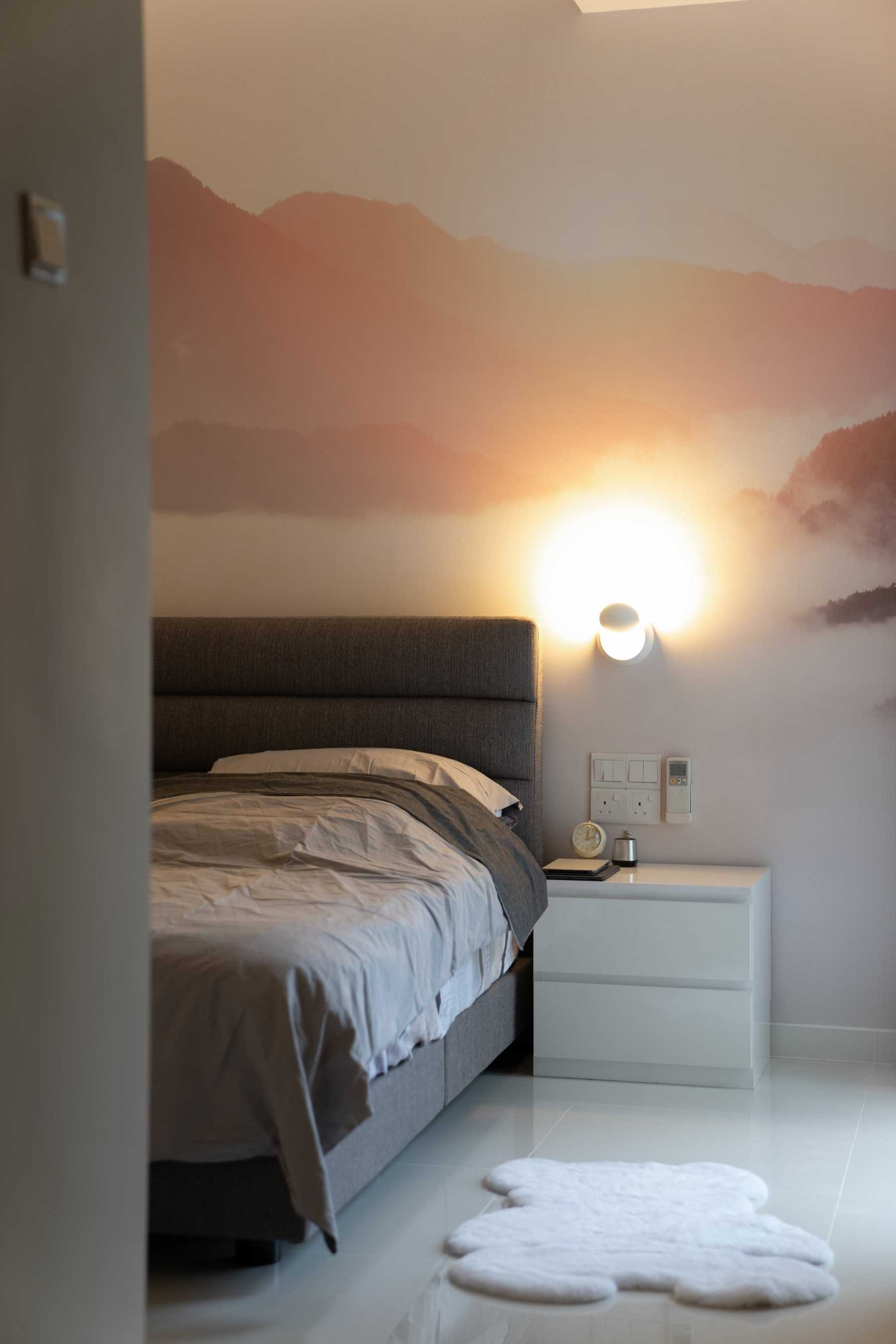 Scandinavian Bedroom with Carpet and Bedside Table