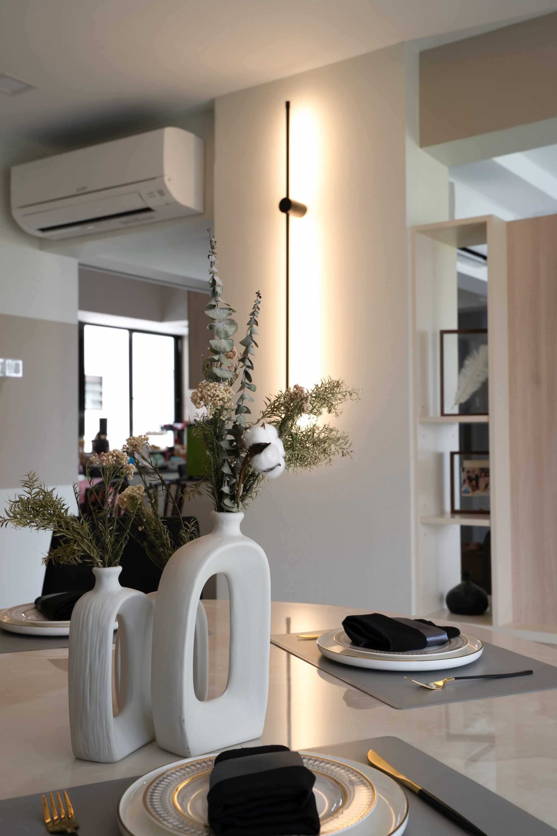 Scandinavian Dining Room with Dining Table and Tableware