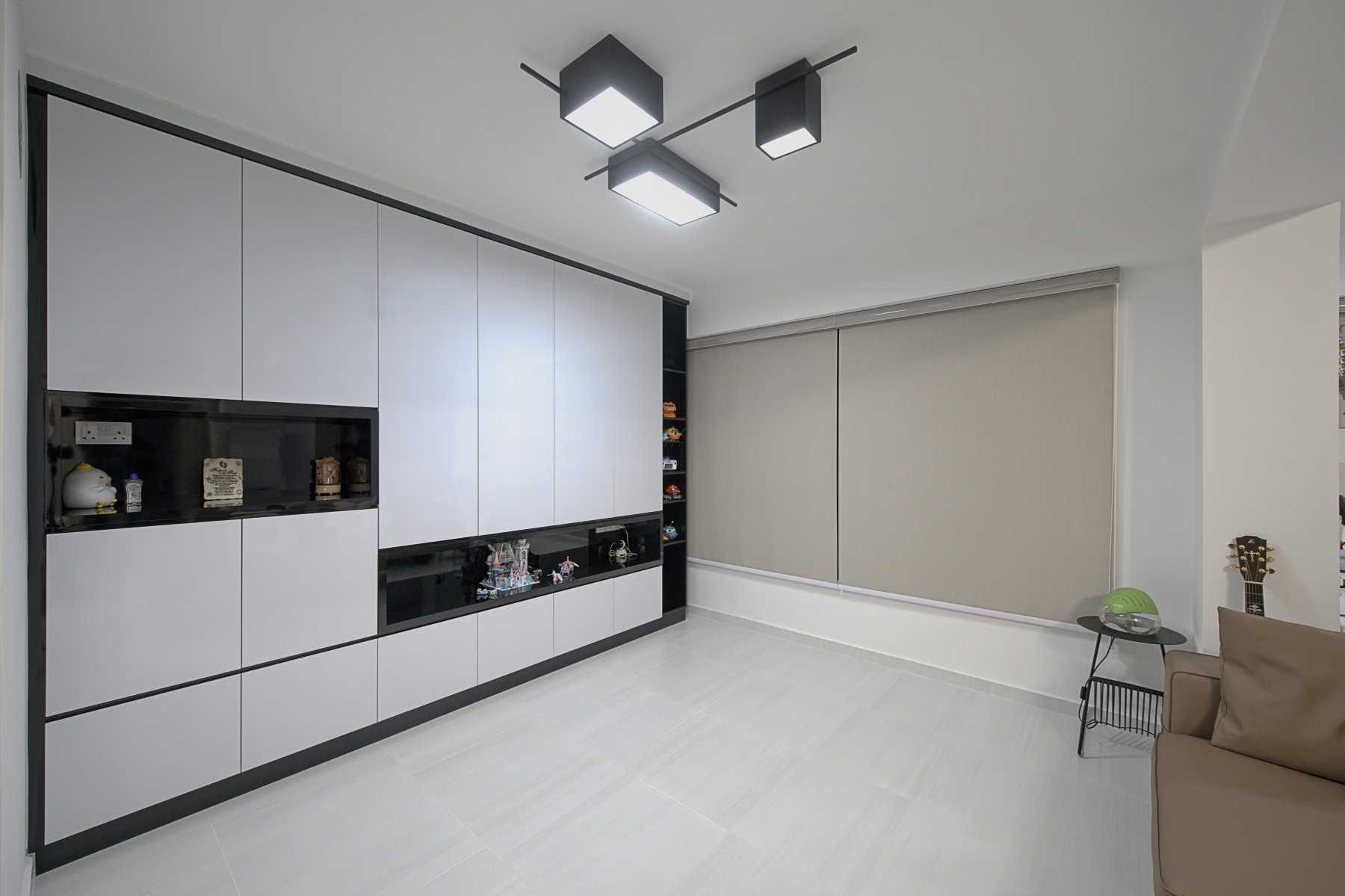 Modern Living Room with Homogeneous Tiles and Roller Blinds