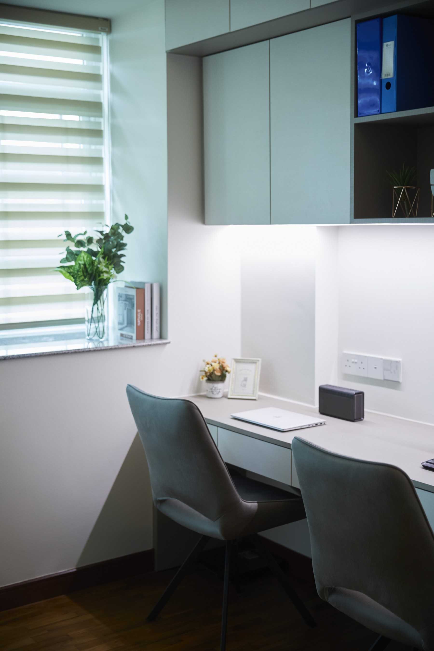 Scandinavian Study with Bay Window and Storage Cabinets