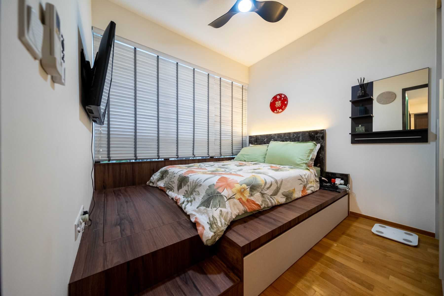 Industrial Bedroom with Platform Bed and Vinyl Flooring