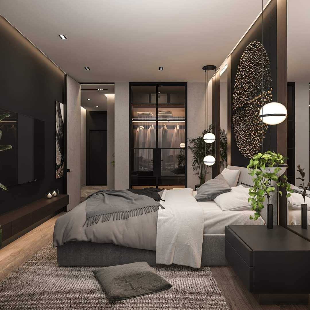 Contemporary Bedroom with Vinyl Flooring and Mirror