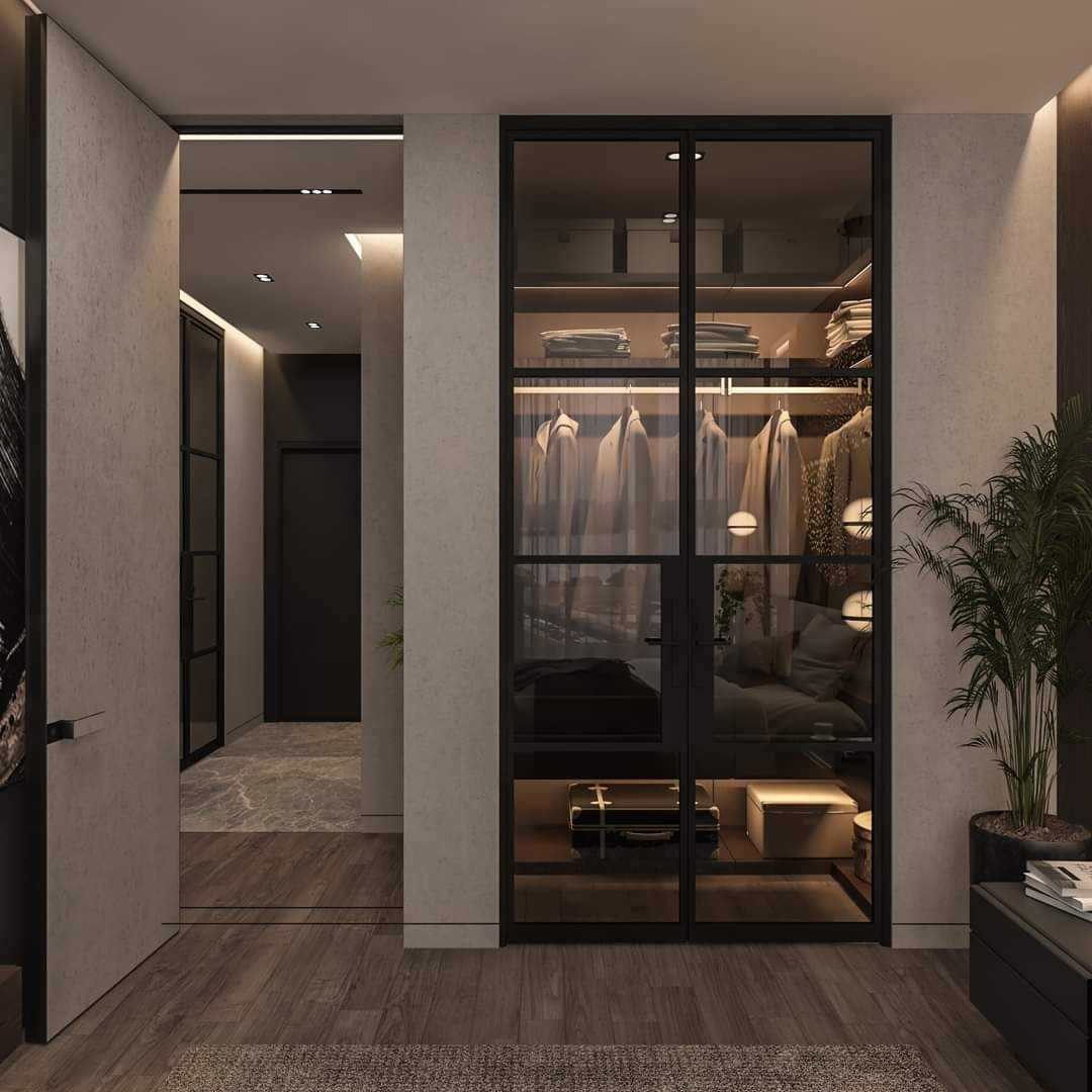 Contemporary Walk-in Wardrobe with Vinyl Flooring and Ceiling Light