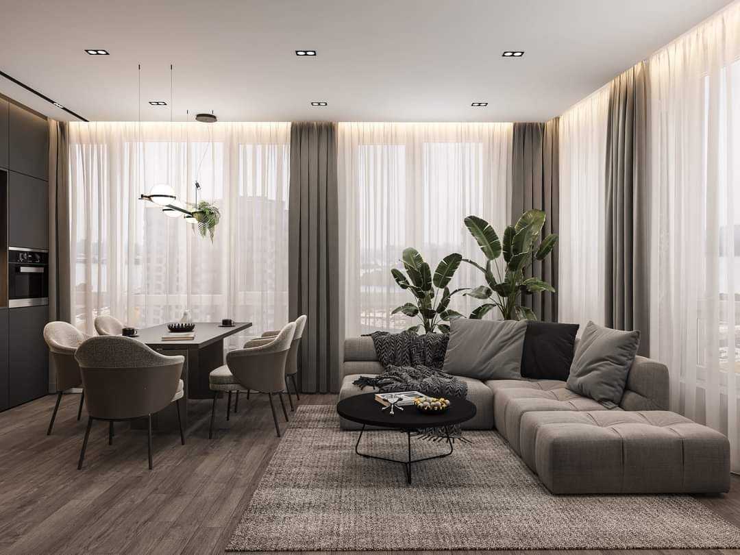 Contemporary Kitchen with Vinyl Flooring and Sofa
