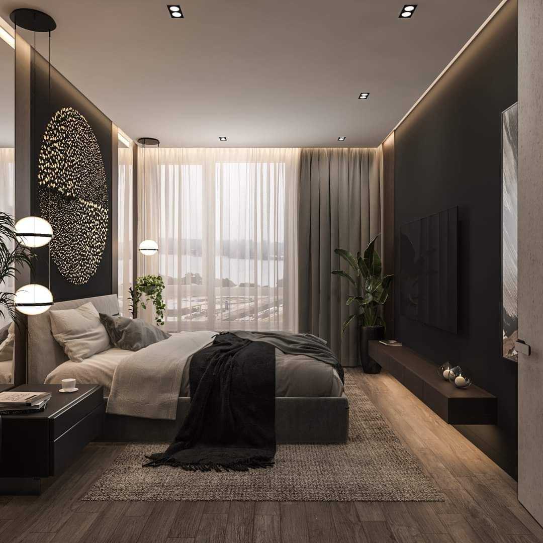 Contemporary Bedroom with Vinyl Flooring and TV Console