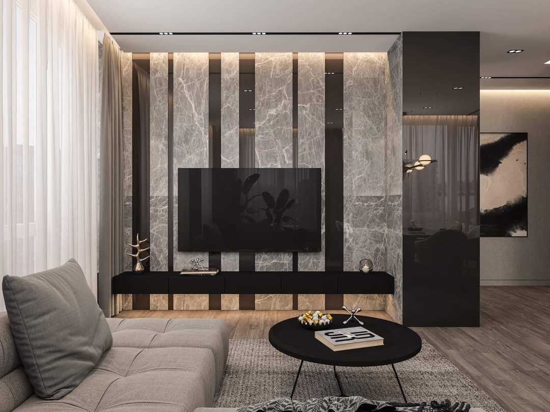 Contemporary Living Room with TV Console and Feature Wall