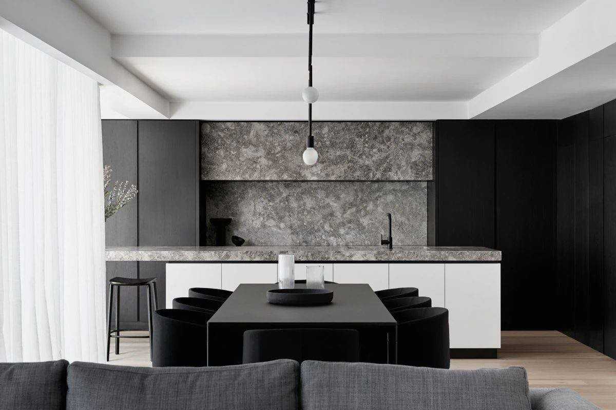 Contemporary Dining Room with Parquet Floor and Kitchen Island