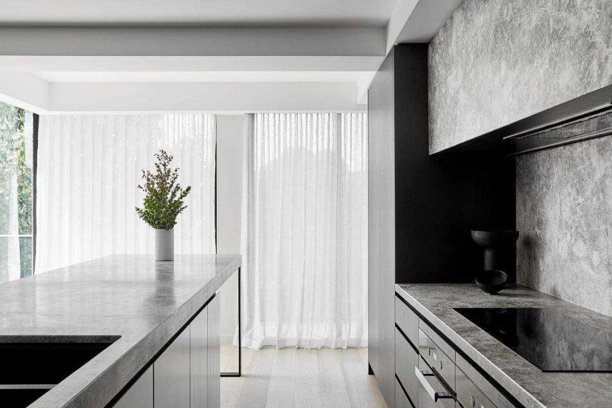 Contemporary Kitchen with Parquet Floor and Kitchen Island