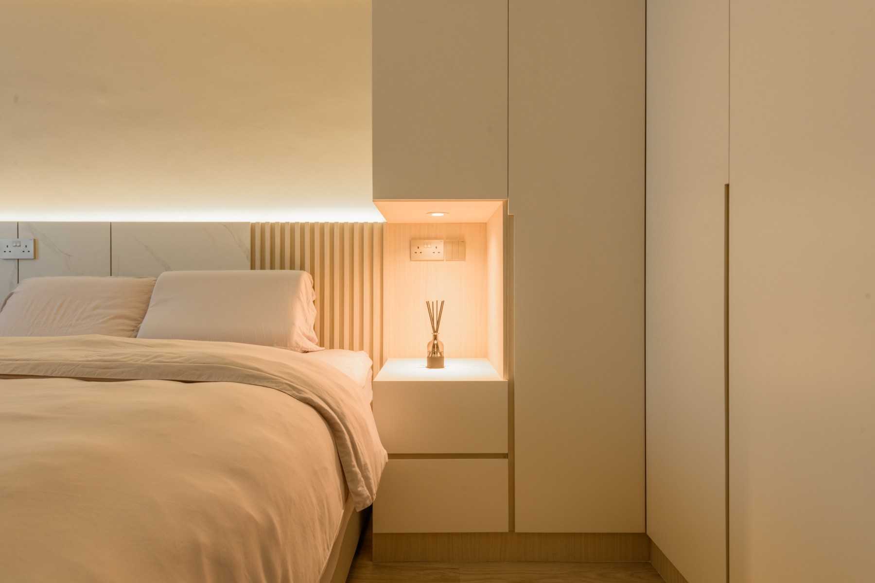 Scandinavian Bedroom with Platform Bed and Vinyl Flooring