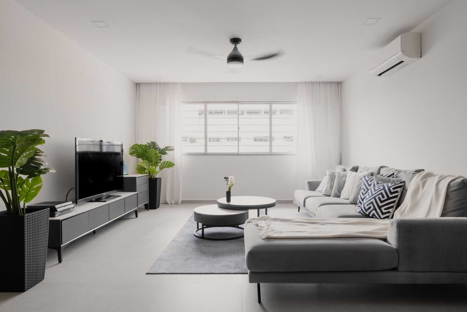 Modern Living Room with TV Console and Drop Ceiling