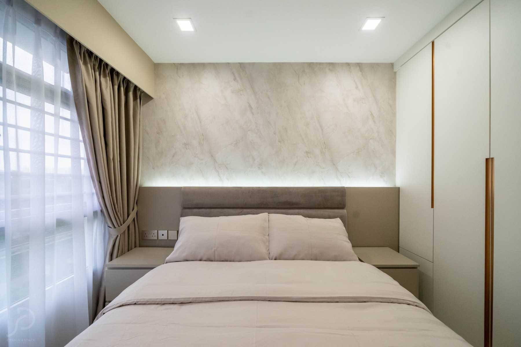Minimalist Bedroom with Wood Flooring and Drop Ceiling
