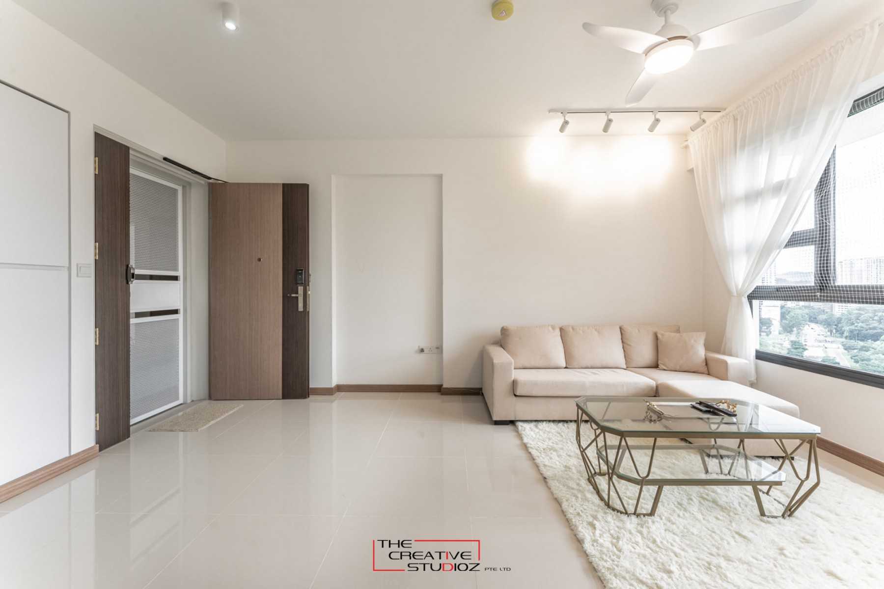 Minimalist Living Room with Homogeneous Tiles and Sofa